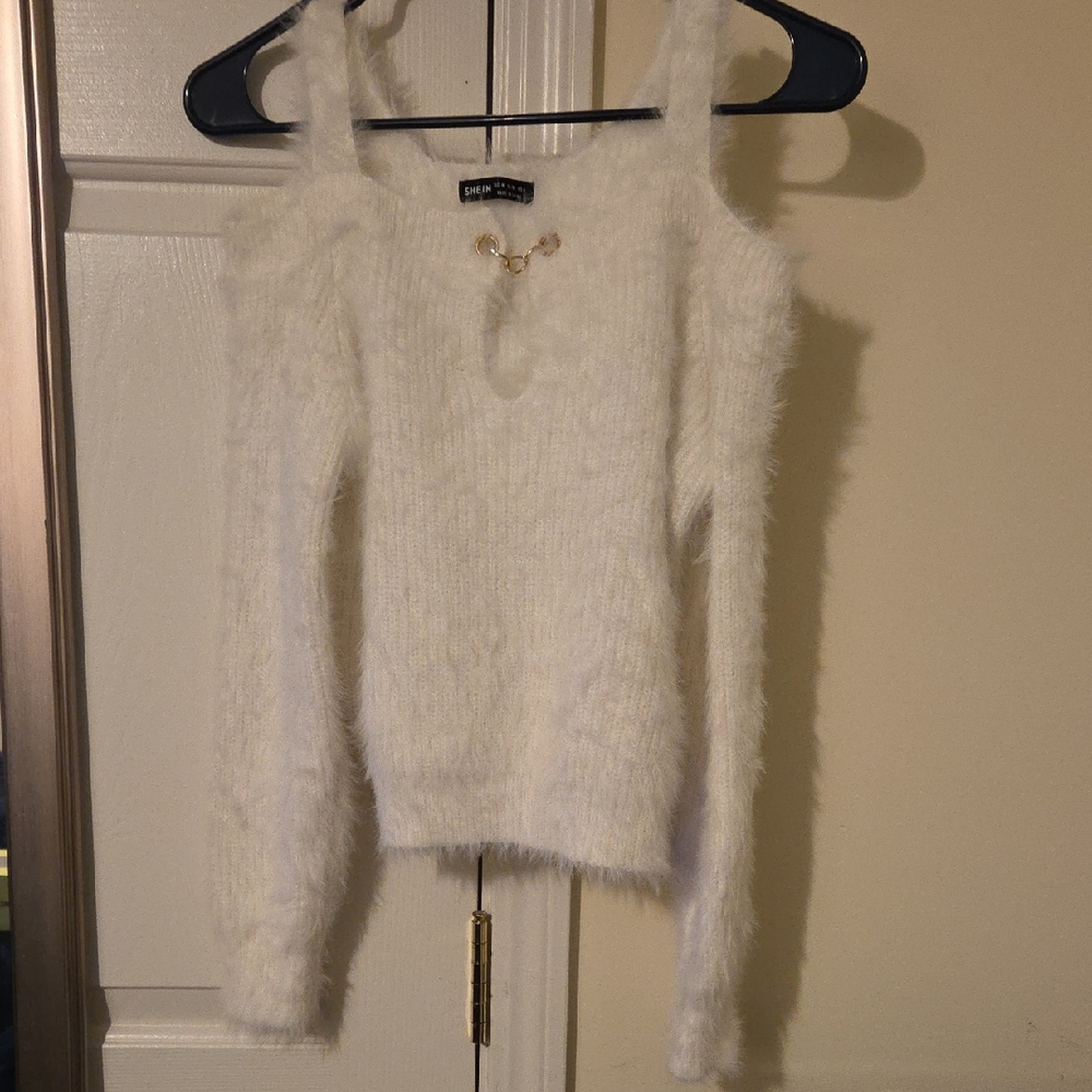 SHEIN White Fuzzy Off-Shoulder Sweater with Gold Accent